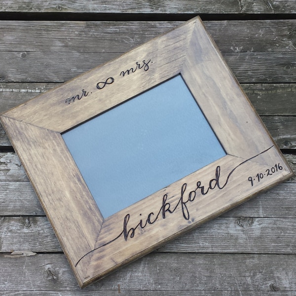 5x7 or 8x10 Handcrafted rustic photo frame, hand engraved and personalized for wedding or anniversary