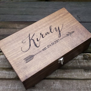 Personalized wooden wine box hand engraved anniversary, wedding or engagement gift holds two bottles arrow design image 1