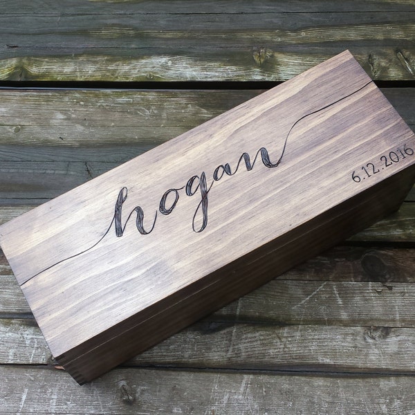 Personalized engraved champagne box for large bottles. Wedding wine and love letter ceremony