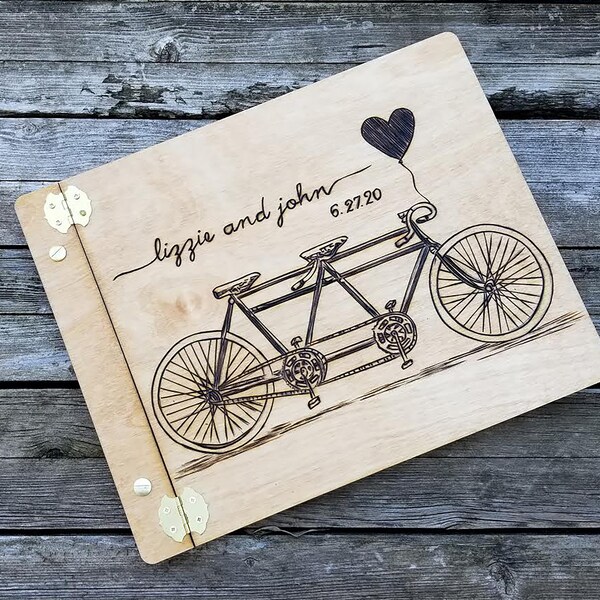 Tandem bicycle wooden guest book, personalized wedding sign in book or scrapbook, photo guestbook, bike lovers gift