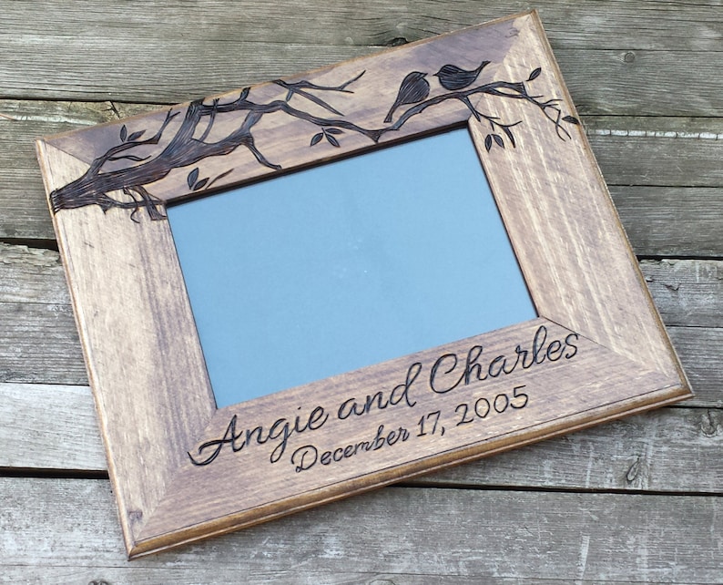 Love birds wooden picture frame, custom wedding photo frame, personalized photo frame, 5x7 horizontal picture frame, engagement photo frame image 1