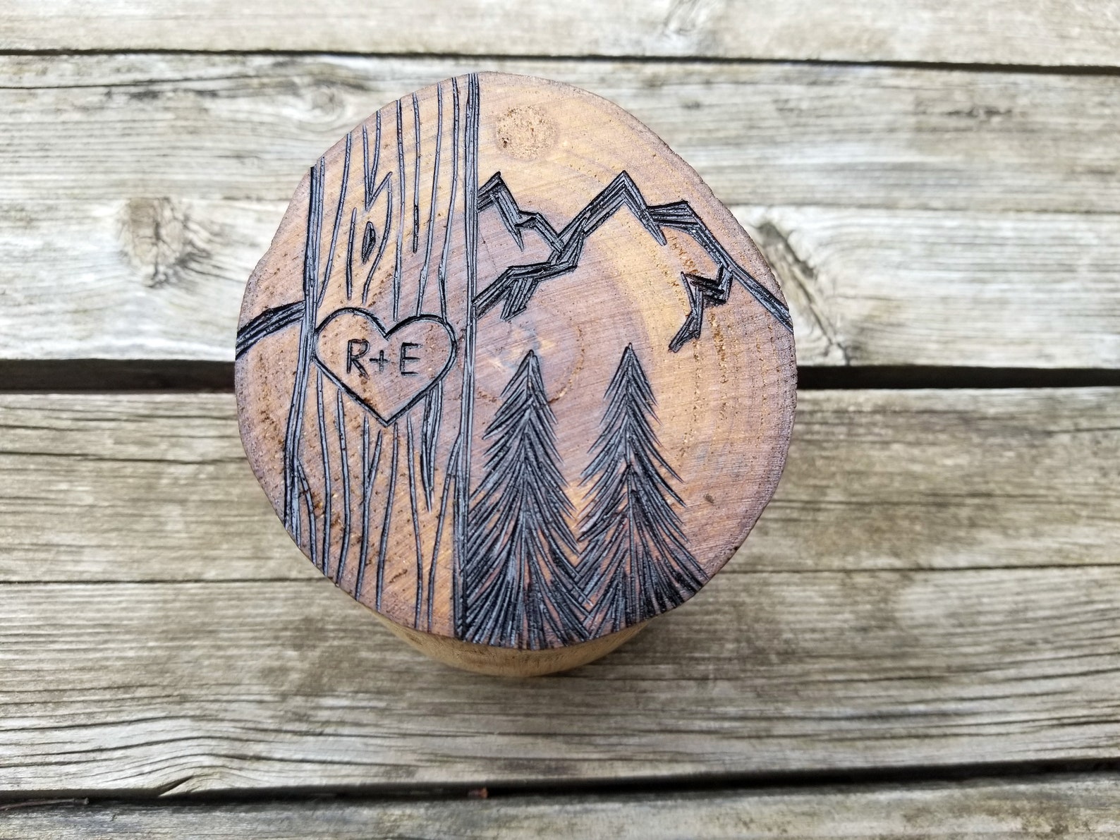 Rustic wooden wedding ring box - personalized tree with heart, initials, mountains custom ring bearer box for outdoor wedding