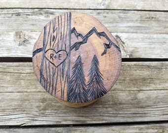 Rustic wooden wedding ring box - personalized tree with heart, initials, mountains custom ring bearer box for outdoor wedding