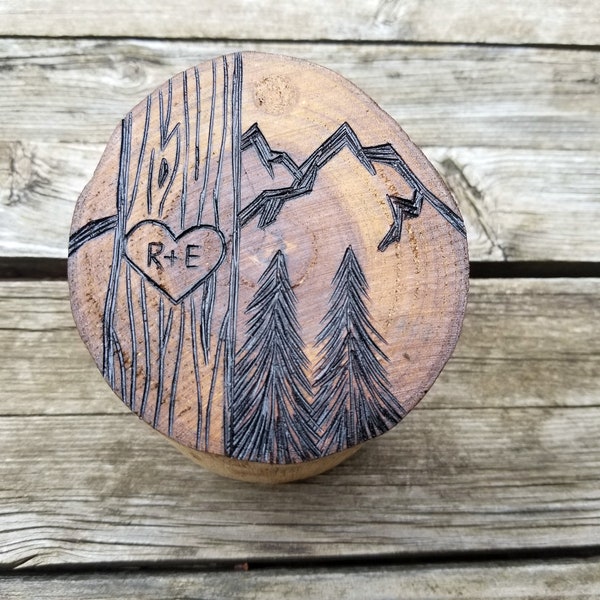 Rustic wooden wedding ring box - personalized tree with heart, initials, mountains custom ring bearer box for outdoor wedding