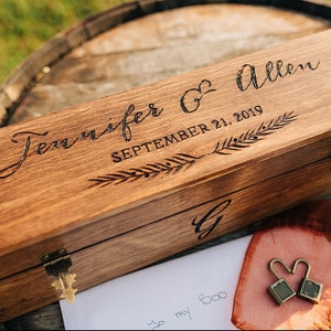 Custom wedding wine box Personalized wooden ceremony, love letter, vow box lockable, hand engraved gift Special Walnut
