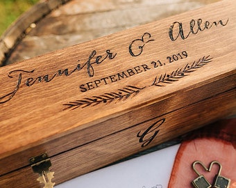 Boîte à vin de mariage personnalisée - Cérémonie en bois personnalisée, lettre d'amour, boîte à vœux - verrouillable, cadeau gravé à la main
