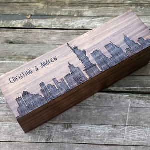 Custom skyline wine box. Hand engraved and personalized - New York skyline