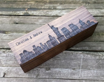 Custom skyline wine box. Hand engraved and personalized - New York skyline