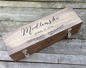 Personalized wedding wine box - custom, lockable, hand engraved wooden gift for the couple, wedding, or anniversary