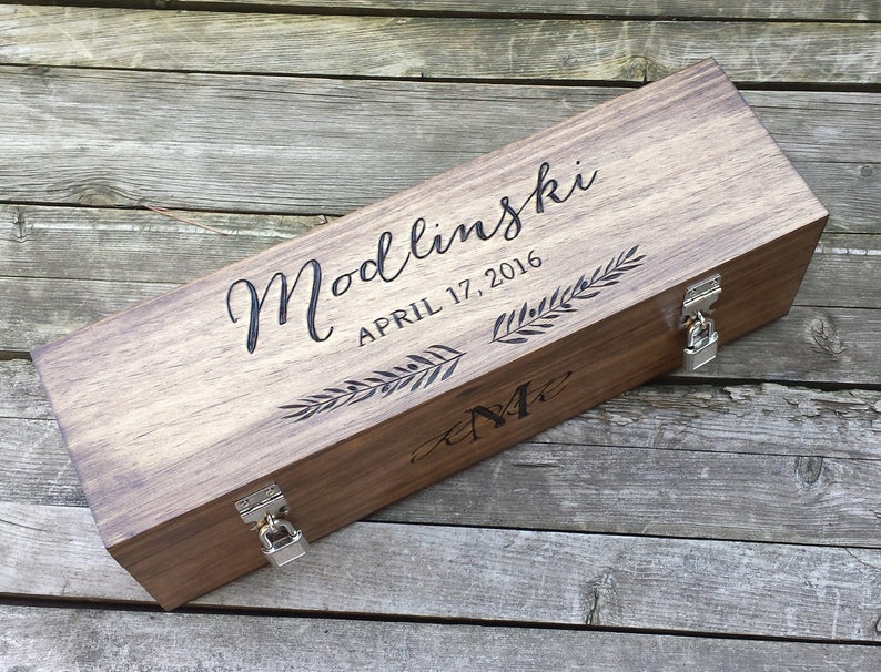 Personalized wedding wine box custom, lockable, hand engraved wooden gift for the couple, wedding, or anniversary image 1