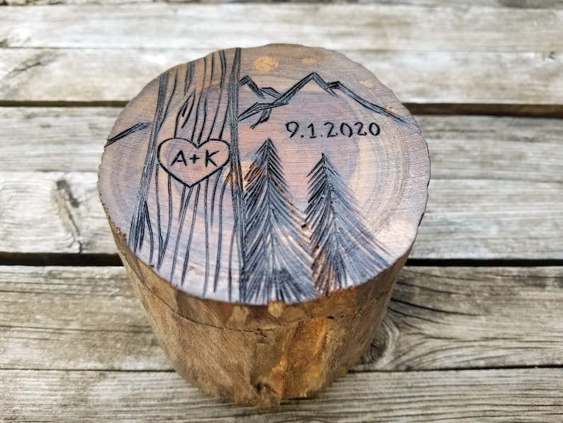 Personalized wooden wedding ring box rustic tree with heart, initials, mountains design image 6