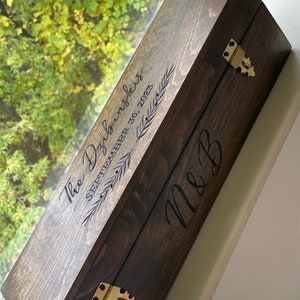 Custom wedding wine box Personalized wooden ceremony, love letter, vow box lockable, hand engraved gift Dark Walnut