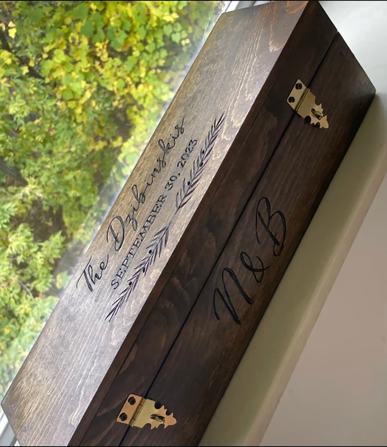 Custom wedding wine box Personalized wooden ceremony, love letter, vow box lockable, hand engraved gift Dark Walnut