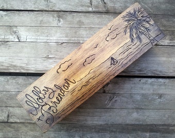 Wedding wine box with beach or summer theme, personalized palm tree