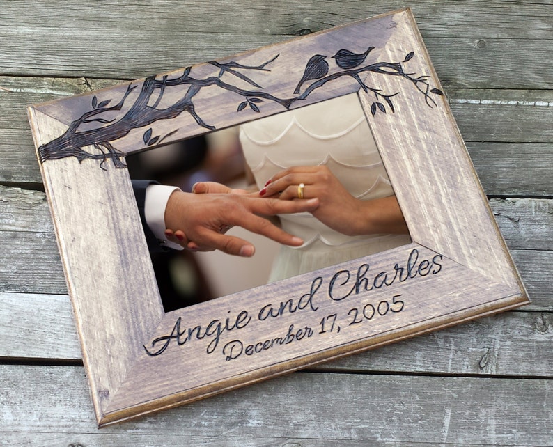 Love birds wooden picture frame, custom wedding photo frame, personalized photo frame, 5x7 horizontal picture frame, engagement photo frame image 2