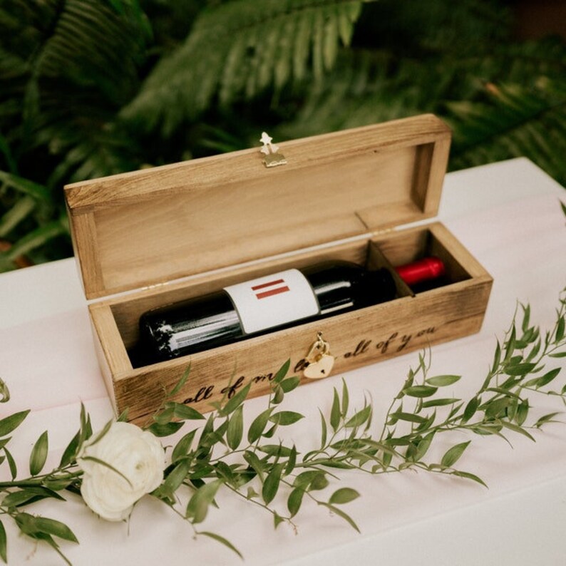 Custom wooden wine box personalized with names and date for wedding wine and love letter ceremony artisan handcrafted image 5
