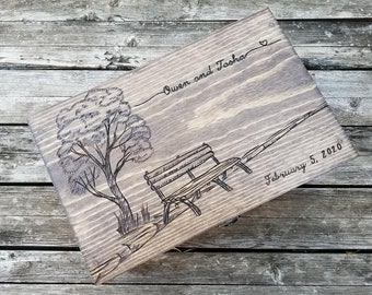 Wedding memory box personalized for ceremony, wooden keepsake box, letters or advice to the bride keepsake box, tree and bench love letter