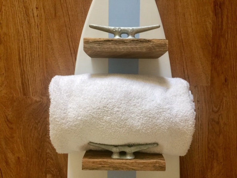 Surfboard towel rack farmhouse boat cleat coastal living nautical bathroom towel holder indoor outdoor barn wood guest room beach house OBX image 3