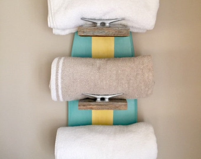 Surfboard towel rack farmhouse boat cleat coastal living nautical bathroom towel holder indoor outdoor barn wood guest room beach house OBX