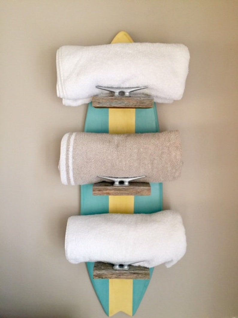 Surfboard towel rack farmhouse boat cleat coastal living nautical bathroom towel holder indoor outdoor barn wood guest room beach house OBX image 1