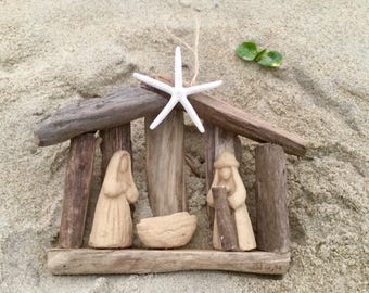 Order by 12 15 5 Driftwood Nativity Christmas Gift Beach Holy Family manger ornament SawdustSandandSpirit OBX BabyJesus stable Lazy Daisy