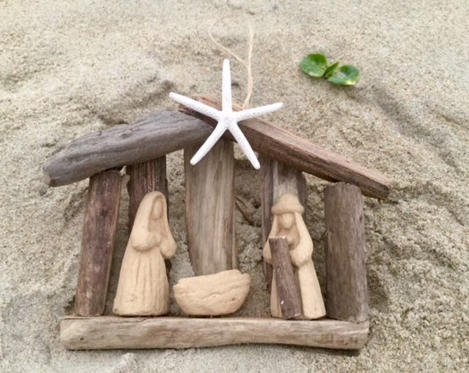 Preorder 2024 5 Driftwood Nativity Christmas Gifts Beach Holy Family manger ornament Sawdust Sand and Spirit OBX BabyJesus stable Lazy Daisy