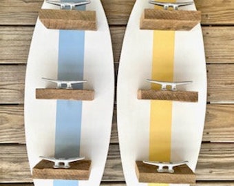 2 Surfboard towel racks guest room barnwood floating shelf coastal decor OBX beach towel hook boat cleat farmhouse Sawdust Sand and Spirit