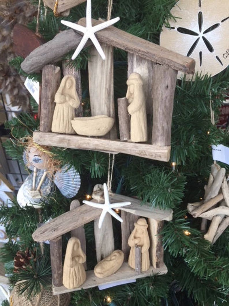 SALE 2 driftwood nativities order by 12 15 ornament beach house manger scene SawdustSandandSpirit starfish creche manger LazyDaisyGiftStore image 2