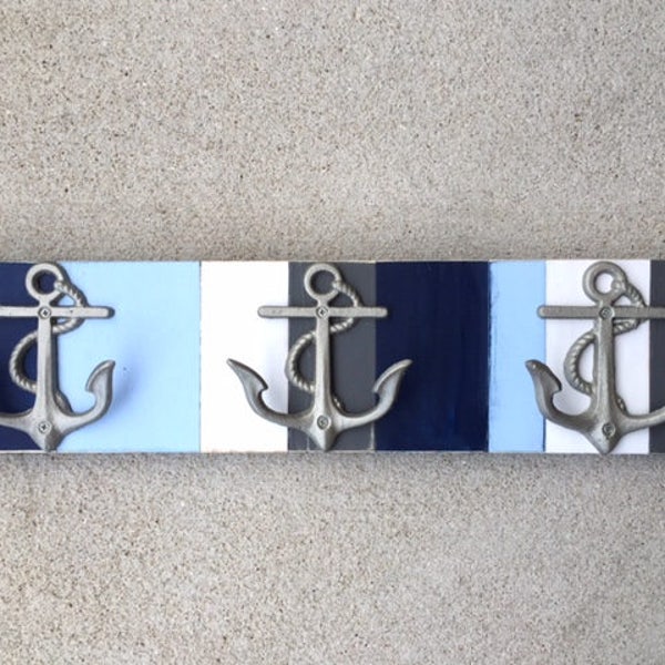 Nautical Anchor Towel Rack: Striped Beach House Decor