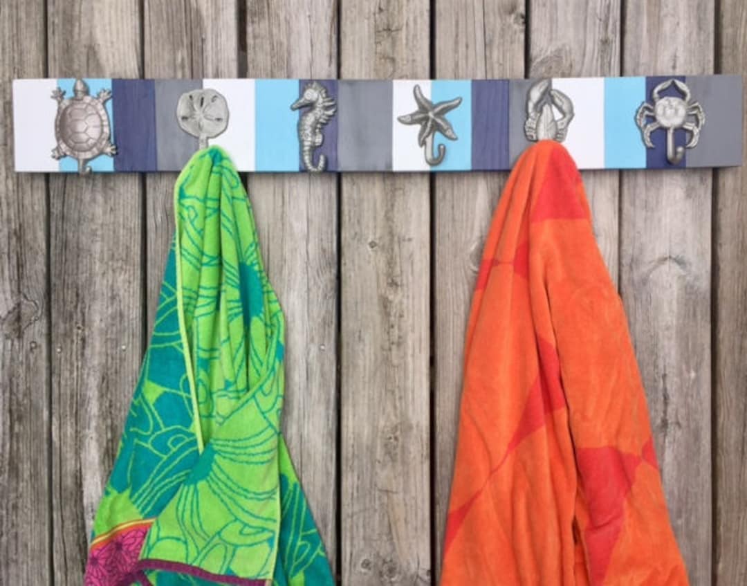 Nautical Towel Rack: Blue Gray Striped Wood, 6 Beach Hooks - Etsy