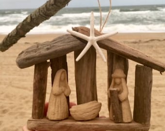 3 driftwood nativity ornaments Across miles affordable manger holy family wood creche 1st Christmas SawdustSandandSpirit
