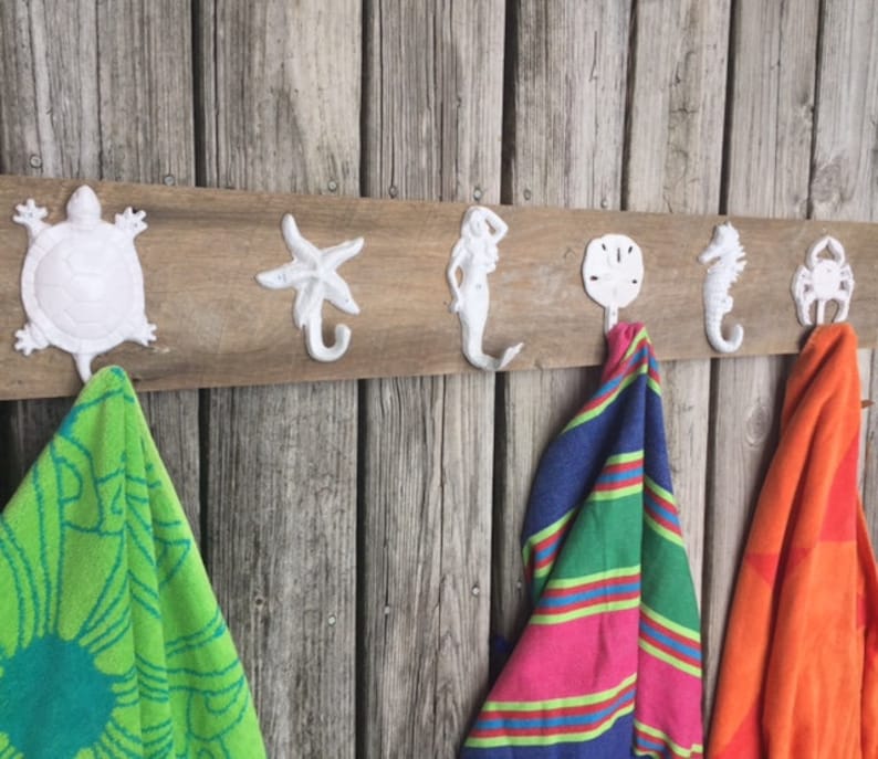 Barnwood rustic beach decor 5 towel hooks towels beach pool Etsy