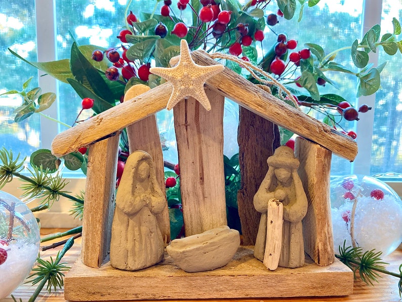 SALE Order by 12 15 Driftwood Nativity Manger Ornament Holy Family Christmas Church small group Beach lover SawdustSandandSpirit OBX image 6