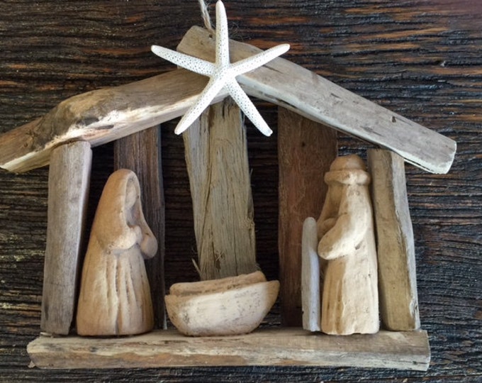 SALE 2 driftwood nativities order by 12 15 ornament beach house manger scene SawdustSandandSpirit starfish creche manger LazyDaisyGiftStore