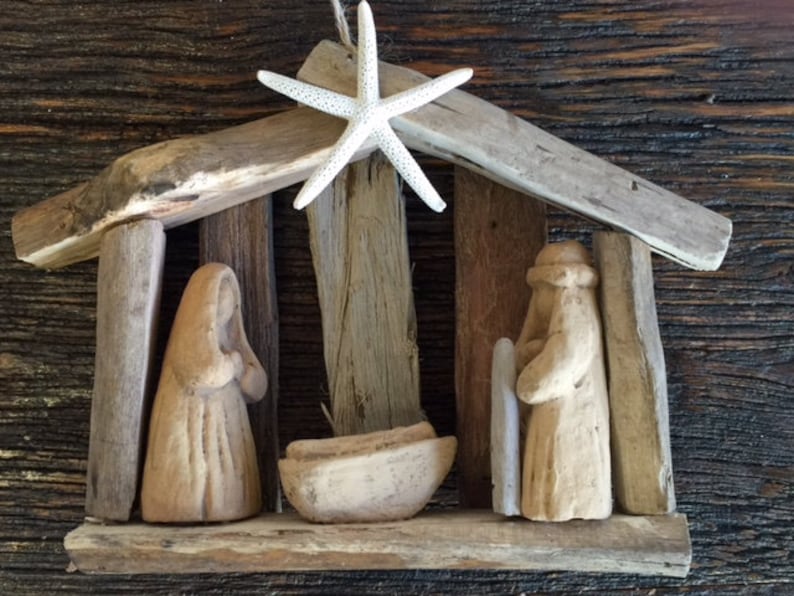 SALE 2 driftwood nativities order by 12 15 ornament beach house manger scene SawdustSandandSpirit starfish creche manger LazyDaisyGiftStore image 1