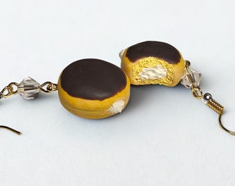 Handmade Miniature Boston Creme Donut Earrings – Handmade Clay Dangles, Gold Findings, Foodie Jewelry