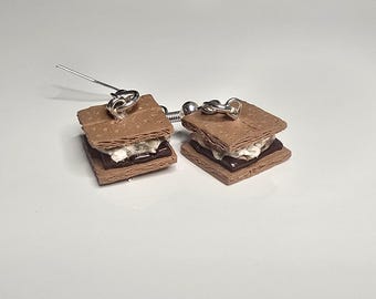 Handmade Miniature S’mores Earrings – Realistic Polymer Clay Dangles, Silver Hooks