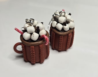 Handmade Hot Chocolate Mug earrings with fluffy marshmallows and candy cane accents