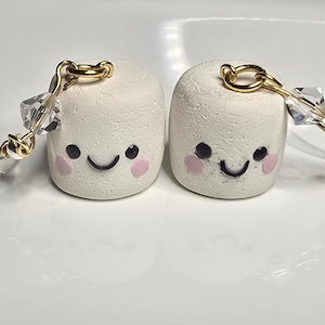 Handmade Miniature Marshmallow Kawaii Earrings – Handmade Polymer Clay Dangles with Gold hooks & Glass Beads