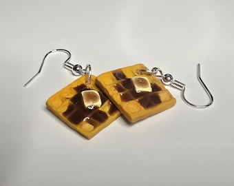 Handmade Miniature Waffle Earrings with Syrup – Polymer Clay Jewelry with Silver Hooks