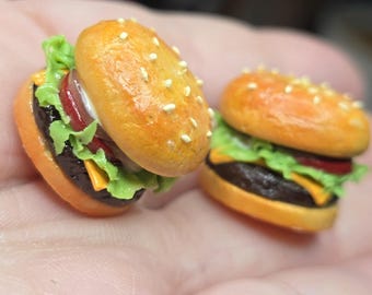 Handmade Miniature Cheeseburger Earrings – Mini Realistic Cheeseburger, burger, miniature food earrings