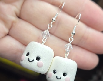 Handmade Miniature Marshmallow Kawaii Earrings – Handmade Polymer Clay Dangles with Glass Beads