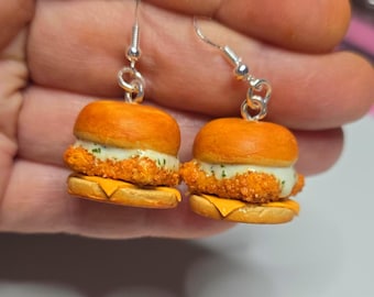 Mini Fish Sandwich Earrings or Charm, Realistic food jewelry