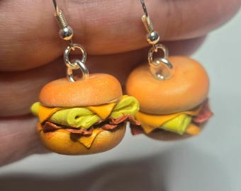 Realistic Miniature Bacon, Egg and Cheese Bagel Earrings or Charm, Realistic food jewelry