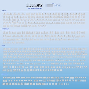 May include: A digital collection of StudioJMO Vector Mockups Extended Version featuring a comprehensive array of flat-lay clothing templates categorised into fleece, outerwear, tops, and bottoms, displayed as light grey outlines on a blue background.