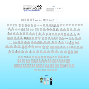 May include: A collection of vector mockups of various clothing items, including t-shirts, hoodies, jackets, and pants. The image also features the text "STUDIOJMO VECTOR MOCKUPS (EXTENDED VERSION)" and a small illustration of people wearing different outfits.