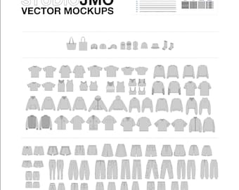 May include: A set of vector mockups for clothing and accessories, including t-shirts, sweatshirts, hoodies, tank tops, bras, shorts, pants, and a tote bag. The mockups are in a simple, flat style and are perfect for showcasing your designs.