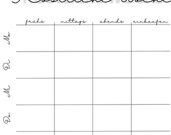 May include: A weekly meal planner with the title "Köstliche Woche" in German. The planner has columns for breakfast, lunch, dinner, and shopping. The days of the week are listed on the left side of the planner: Mo, Di, Mi, Do, Fr, Sa, So.