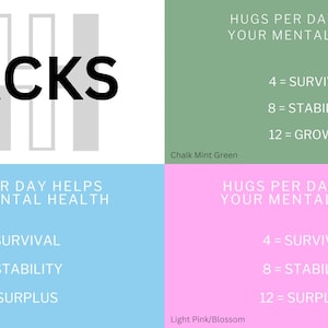 May include: A graphic with the word "BACKS" in black text on a white background. The graphic is divided into four sections, each with a different color and text. The top left section is white, the top right section is green, the bottom left section is light blue, and the bottom right section is pink. Each section has the text "HUGS PER DAY HELPS YOUR MENTAL HEALTH" and lists the number of hugs per day needed for survival, stability, and growth. The green section lists 4 hugs for survival, 8 hugs for stability, and 12 hugs for growth. The light blue section lists 4 hugs for survival, 8 hugs for stability, and 12 hugs for surplus. The pink section lists 4 hugs for survival, 8 hugs for stability, and 12 hugs for surplus.