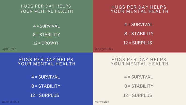May include: A graphic with four squares, each a different color: light green, mute red/chili, dark blue, and ivory/beige. Each square has the text "HUGS PER DAY HELPS YOUR MENTAL HEALTH" at the top and a list of numbers with corresponding words: 4 = SURVIVAL, 8 = STABILITY, 12 = GROWTH (light green), 12 = SURPLUS (mute red/chili, dark blue, ivory/beige).